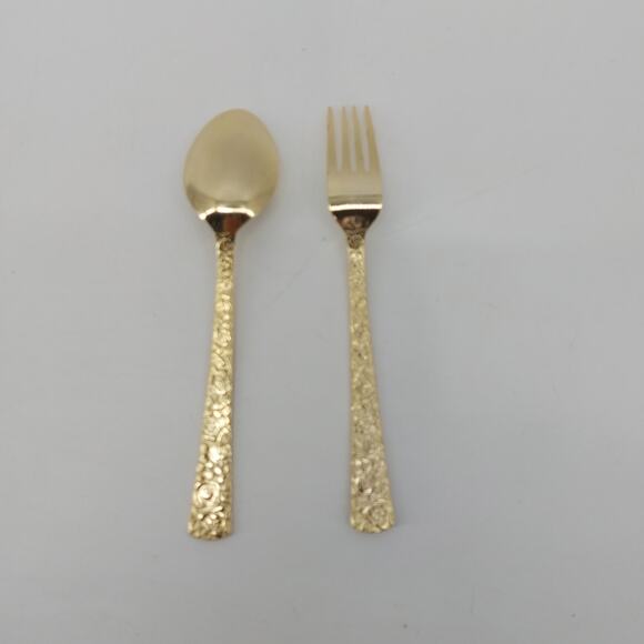 Spoon and Fork Set Gold Tone Flatware Rose Floral Pattern - Picture 2 of 6